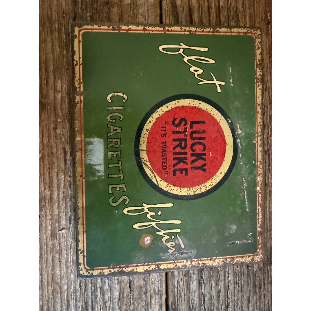 Lucky Strike Cigarette Tin Flat Fifties Vintage Green Metal Tobacco Box N.C.
